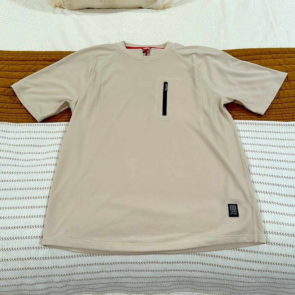Topo Designs River Tee (L) Sand w/ Black Breast-Pocket Zipper: $30 OBO
